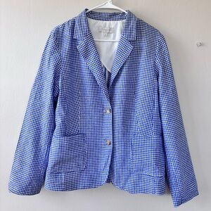 Talbots Women’s Size 16 Blazer Jacket Blue And White Gingham Linen 2 Button